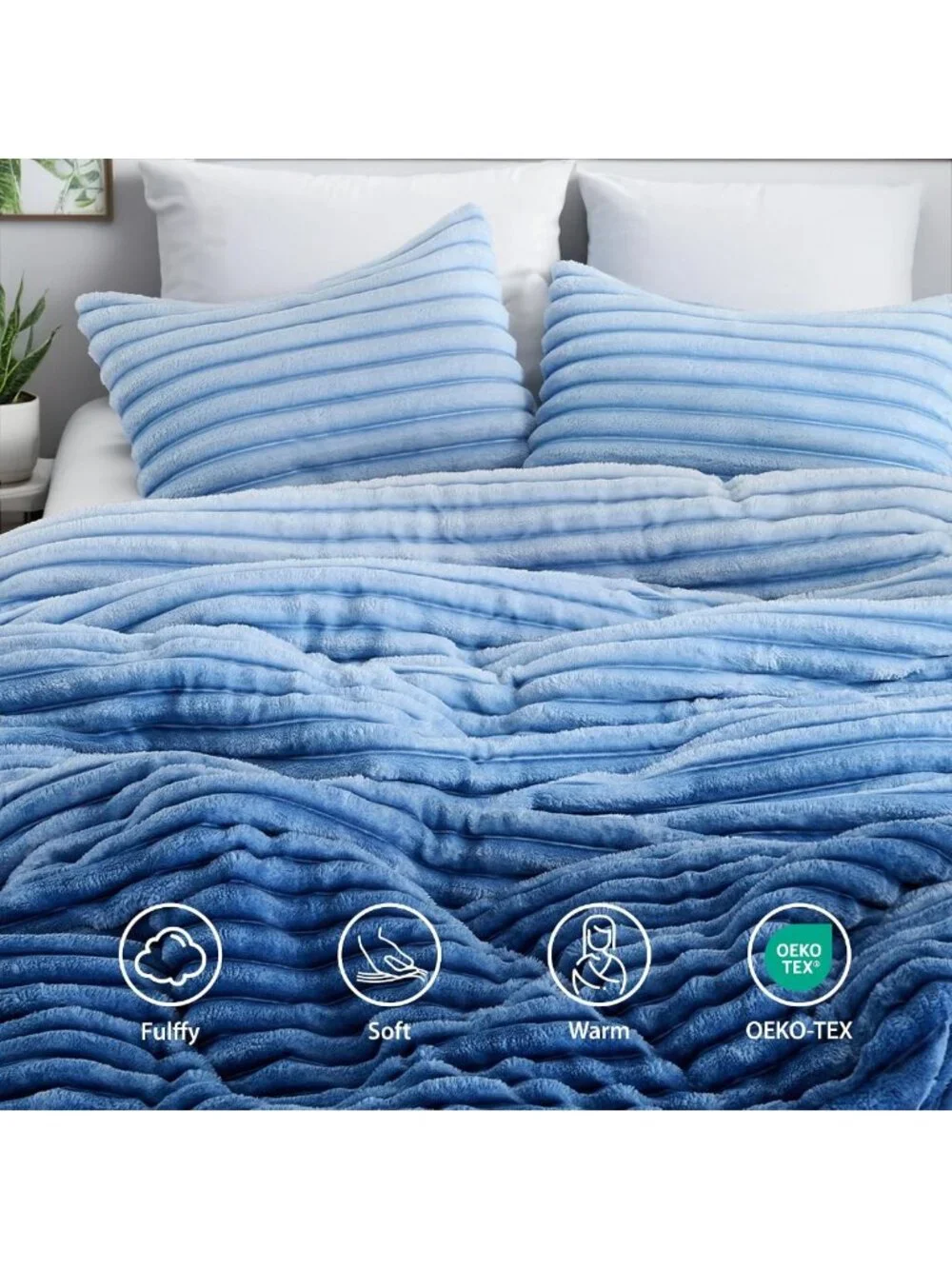 Cozy Ribbed Fluffy Queen Comforter Set - Super Soft Plush Fleece Bedding